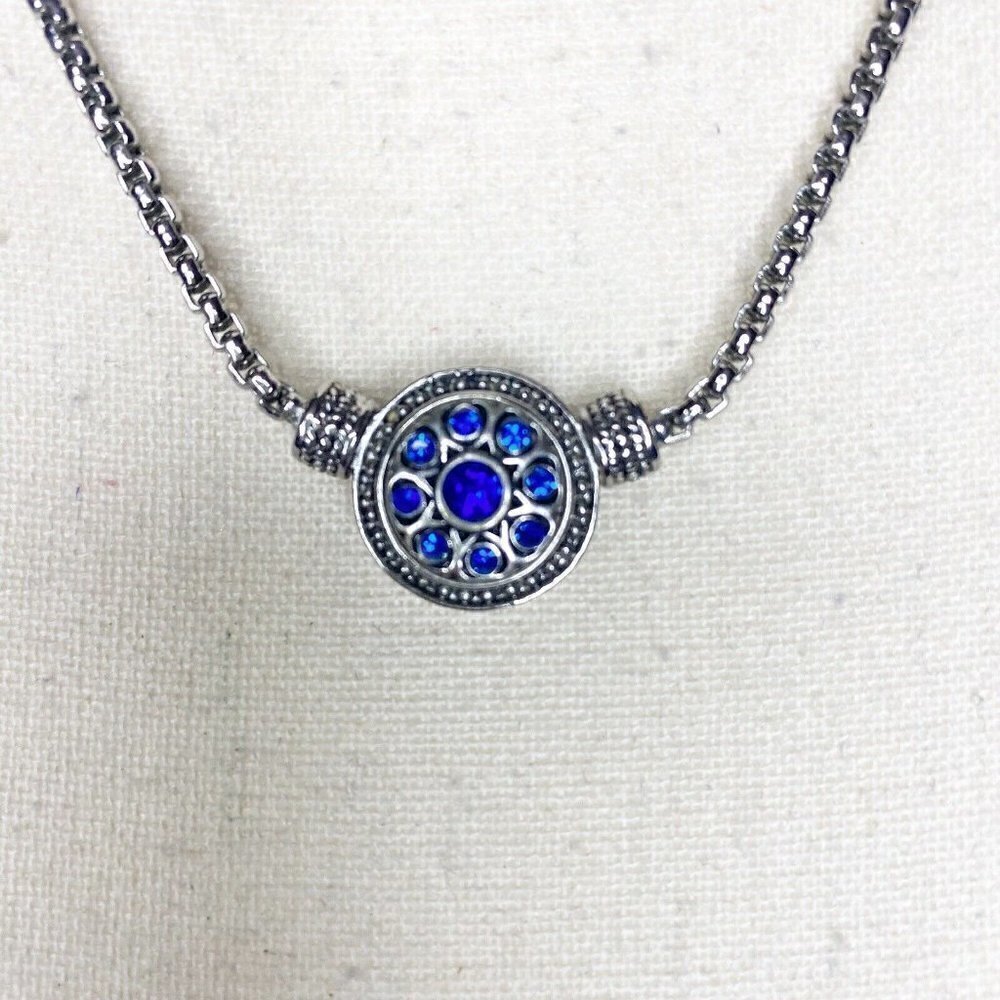 Silver Necklace Blue Crystal Round Decorative Pendant 18” Adjusts - Picture 2 of 4